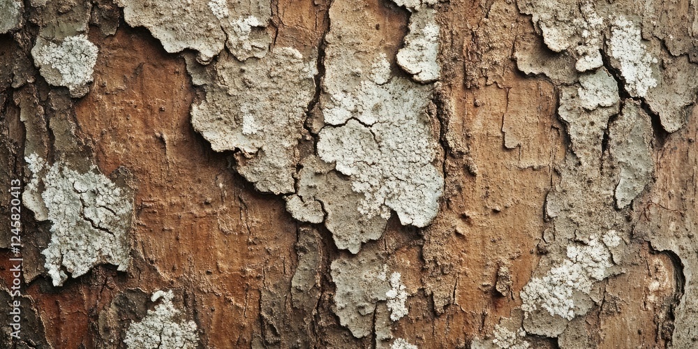 Poster textured brown tree bark with patches of gray lichen and peeling layers, capturing the rough surface