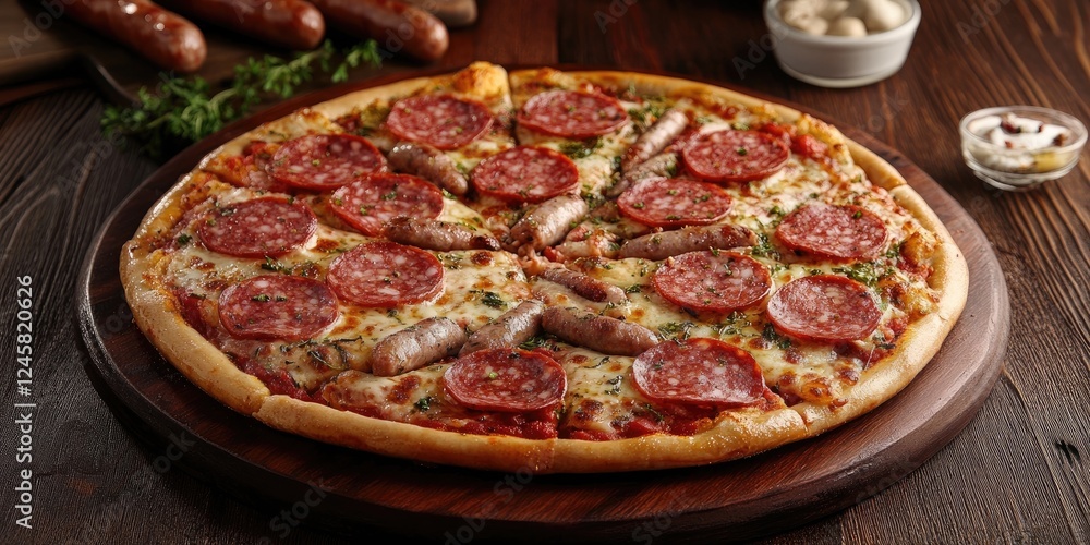 Poster deliciously crafted pizza topped with salami and sausage on a rustic wooden surface garnished with h