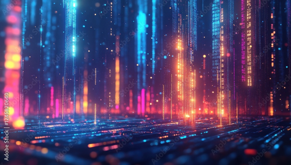 Poster futuristic digital landscape with vibrant light effects and glowing data streams in abstract technol