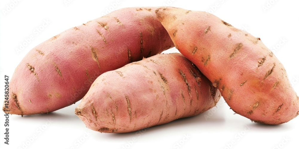 Poster fresh sweet potatoes in various sizes piled against a bright white background showcasing earthy tone