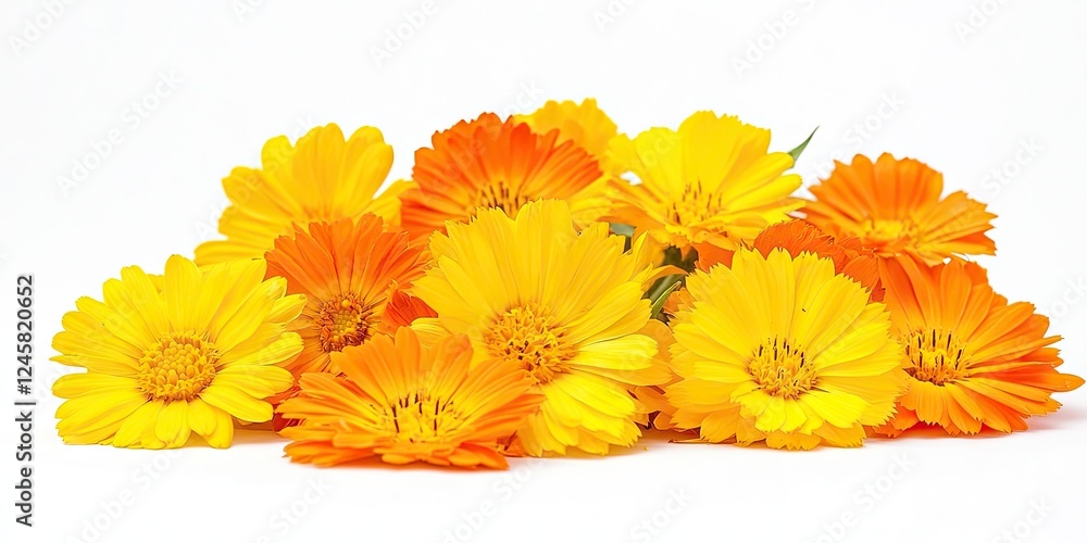 Aufkleber Vibrant yellow and orange calendula flowers in a clustered arrangement against a pristine white background with a soft focus macro depth.