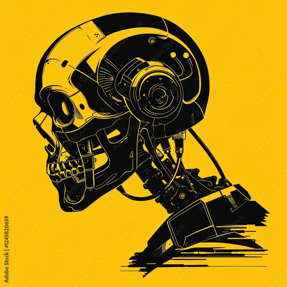 Poster futuristic robot skull design showcasing intricate details and mechanical features on a bright yello