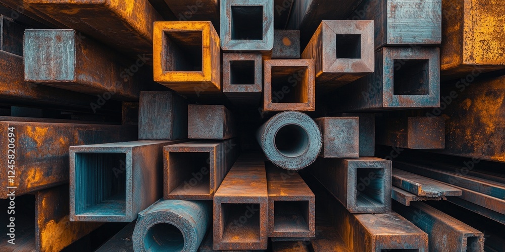 Aufkleber Rusty metal pipes and square tubes stacked in various orientations creating an abstract industrial pattern with brown and gray tones.