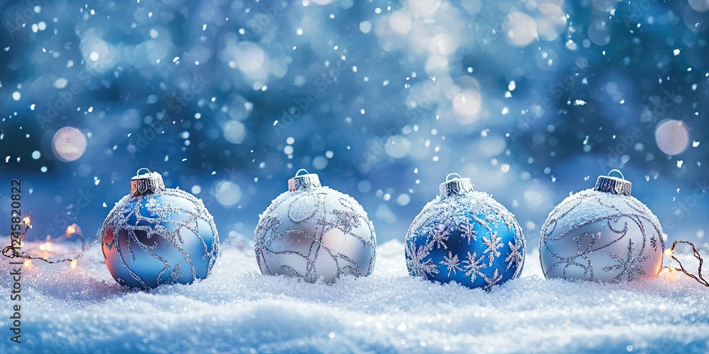 Poster Elegant snow-covered Christmas ornaments in silver and blue arranged on snow with gentle snowfall and soft bokeh background create a serene winter scene.