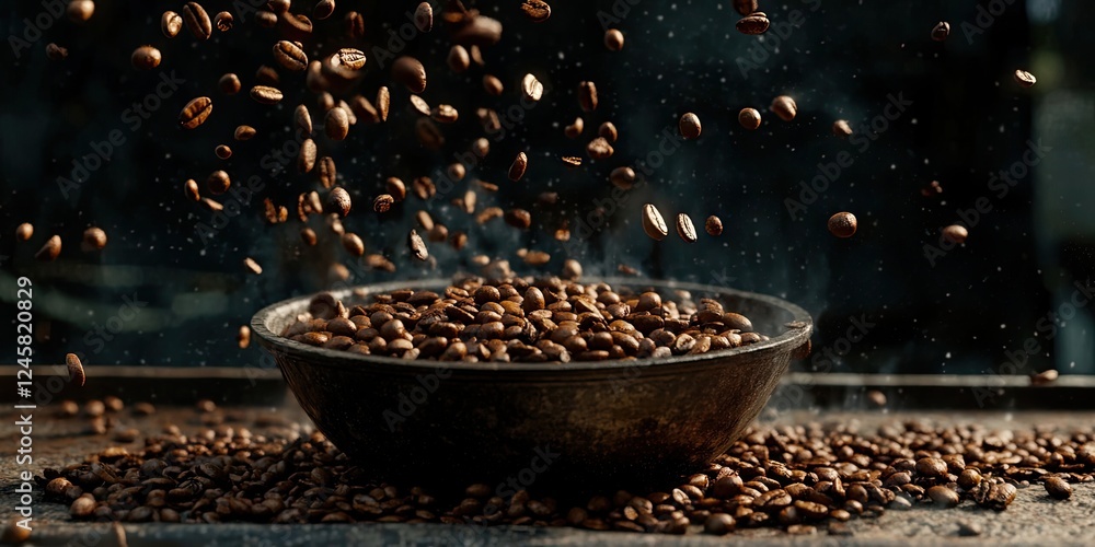 Poster Toasted coffee beans cascading from a dark bowl atop a wooden surface with a dark blurred background and scattered beans creating dynamic movement