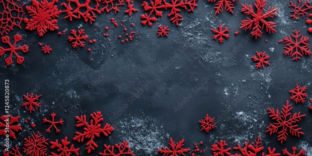 Poster Red snowflakes arranged artistically around ample copy space on a dark grey background creating a festive and modern Christmas theme.