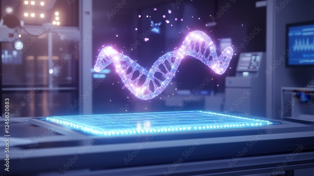 Poster 3d hologram of dna structure in a high-tech laboratory environment
