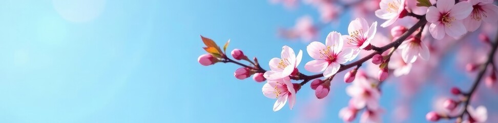Obraz premium Delicate cherry blossoms sprout from a slender branch amidst a clear blue sky, tree, nature