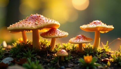 Fototapeta premium Delicate caps forming a golden abstract landscape, mushrooms, harmony
