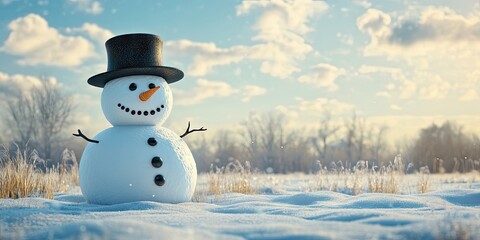 Obraz premium Cheerful snowman with black top hat and orange carrot nose stands in a snowy landscape under a blue sky with fluffy white clouds and golden grass.