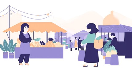 A vibrant farmers market scene with shoppers and vendors selling fresh produce.