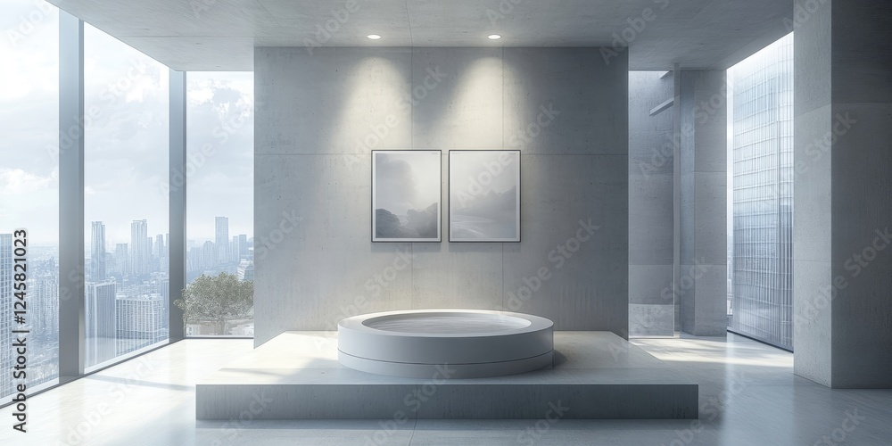 Poster modern minimalist bathroom featuring a round bathtub on a raised platform with large windows showcas
