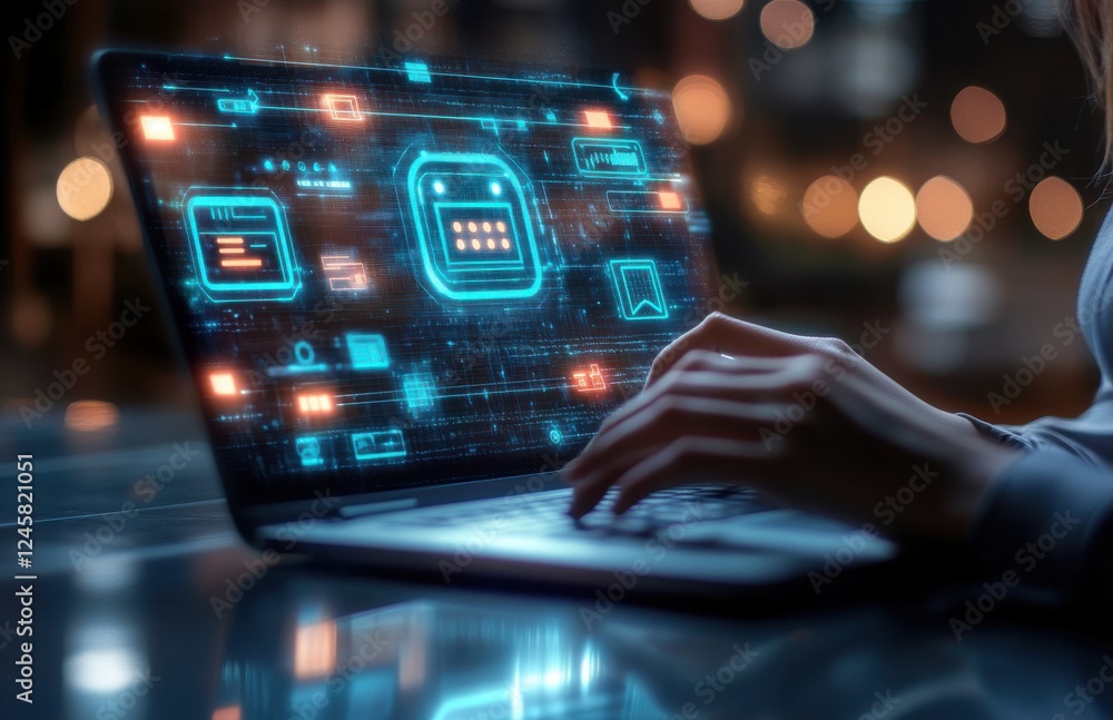Aufkleber futuristic digital technology interface displayed on laptop screen with illuminated hands typing sur