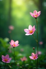 Fototapeta premium Delicate flowers suspended in mid-air above lush greenery, suspended, botanical, peaceful atmosphere