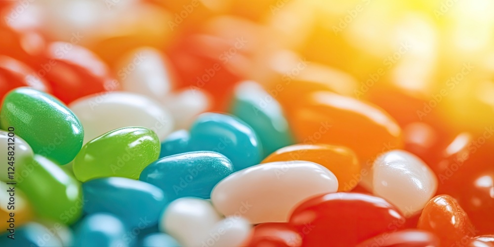 Poster vibrant close-up of multicolored jelly beans in blue orange green red and white with soft blurred ba
