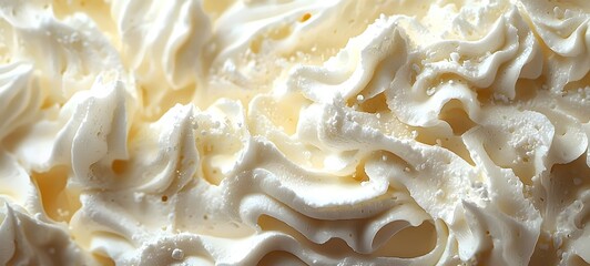 Close-up view of rich, creamy whipped cream, swirling elegantly with a smooth texture, evoking indulgence and sweetness. Perfect for desserts or beverages.