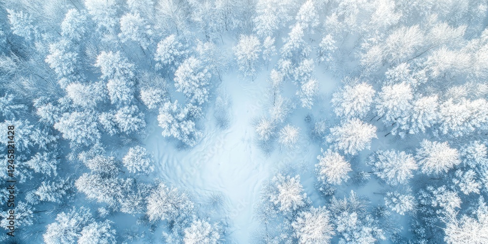 Aufkleber Aerial view of a serene winter forest blanketed in snow with frosted trees creating a tranquil atmosphere captured by a drone in soft blue tones