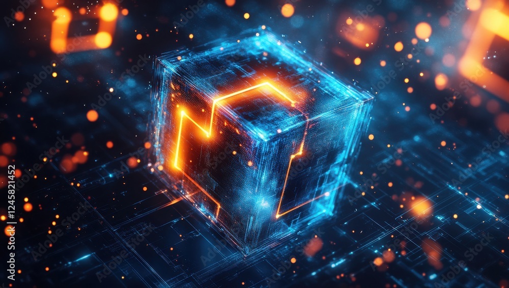 Aufkleber futuristic glowing cube in a digital space with vibrant neon lines and particles, representing techn