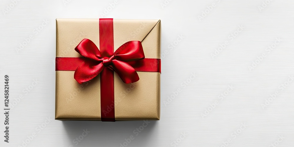 Poster golden gift box wrapped with a red ribbon positioned centrally on a clean white background creating 