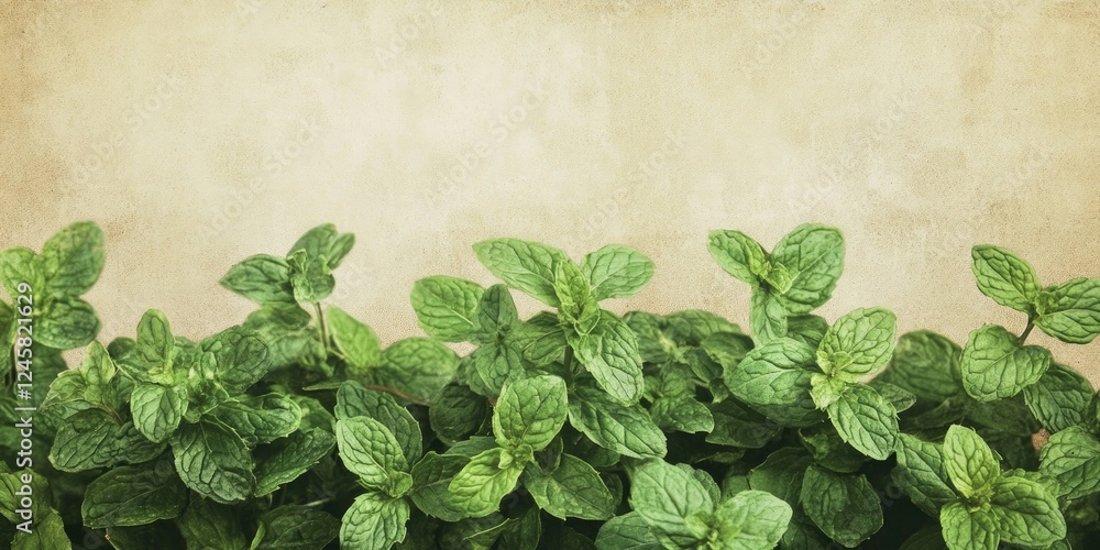 Aufkleber vibrant green mint leaves in the foreground with a textured beige paper background creating a natura