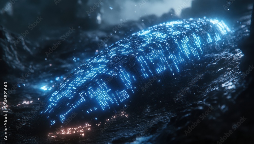 Poster futuristic glowing structure on alien terrain with digital patterns and vibrant colors illuminating 