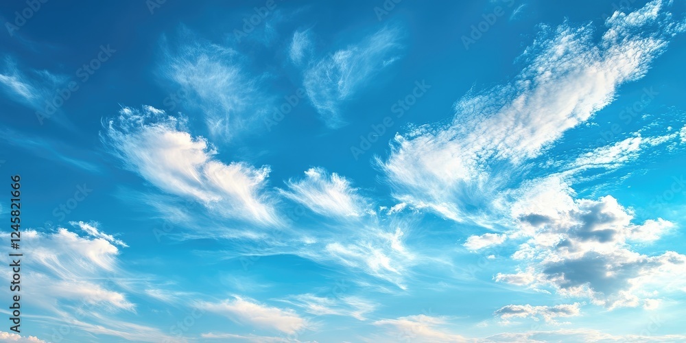 Poster vivid wispy clouds in a bright blue sky with sunlight illuminating the scene, creating a serene and 