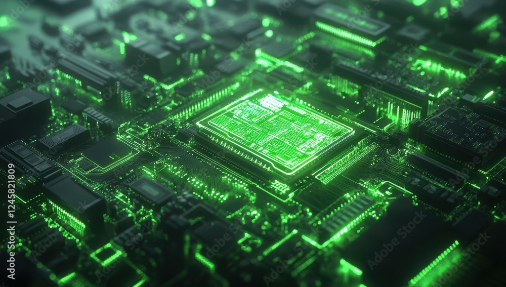 Poster futuristic green circuit board technology with microchip and complex connections highlighting advanc
