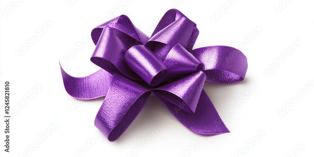 Poster vibrant violet gift bow positioned centrally on a clean white background with shiny texture highligh