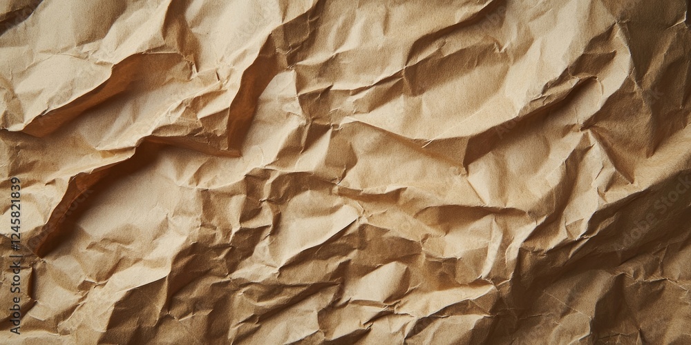 Aufkleber Textured crumpled kraft paper background in organic shades of brown with deep wrinkles creating a visually rich and tactile surface pattern.