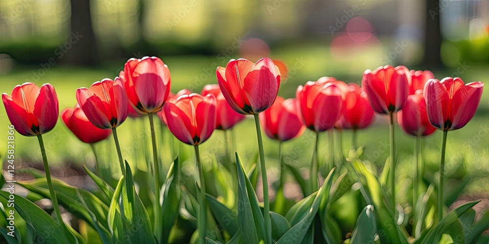 Poster vibrant red tulips in a lush green flower bed create a stunning urban aesthetic with soft focus back