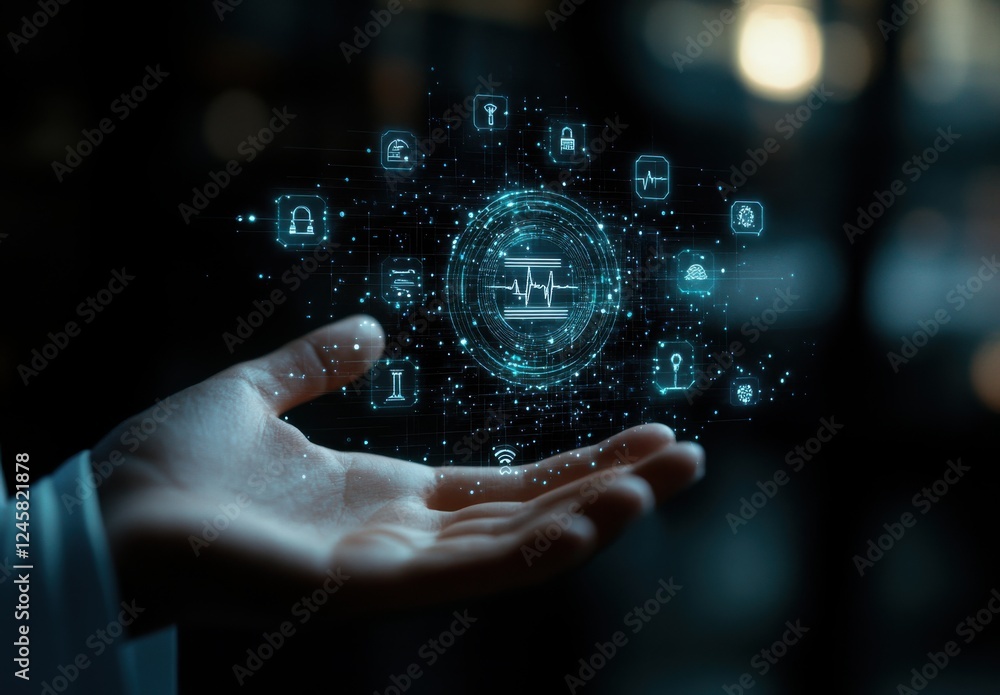 Poster futuristic hand displaying digital technology interface with health monitoring icons and data visual