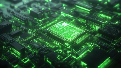 Fototapeta premium Futuristic Green Circuit Board Technology with Microchip and Complex Connections Highlighting Advanced Electronics and Digital Innovation