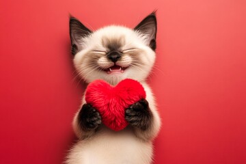 Burmese - my cherished cat. Ad campaign conceptual art. Cute burmese feline infant with fluffy red heart - symbol of love, funny greeting card. Love and friendship. Valentine's day animal gift.