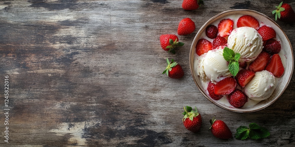 Poster delicious vanilla ice cream scoops topped with fresh strawberries and mint leaves on rustic wooden s