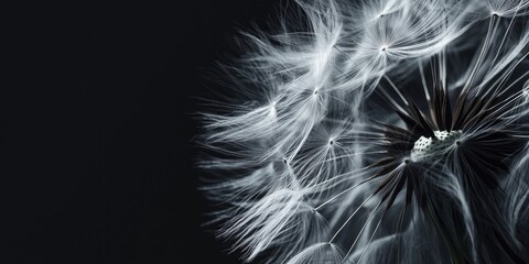 Monochromatic dandelion seed head on black background showcasing delicate white filaments and dark central structure, detailed close-up composition.