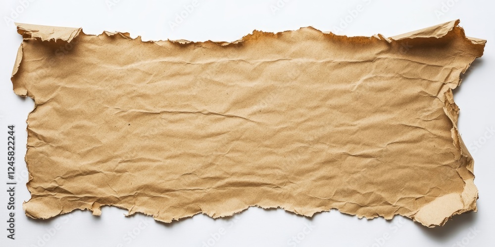 Poster torn brown paper sheet with frayed edges positioned horizontally against a clean white background hi