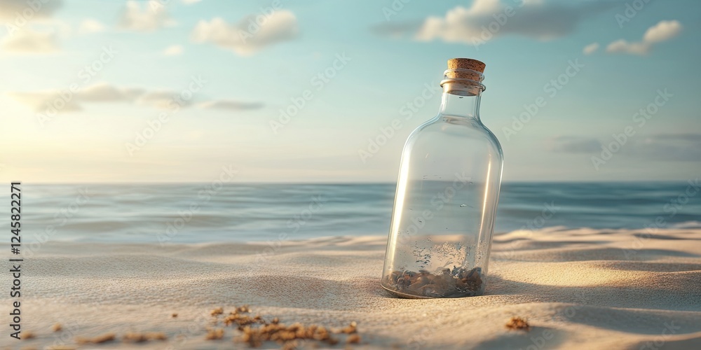 Poster glass bottle message in sand on a tranquil beach at sunrise with gentle waves in the background and 