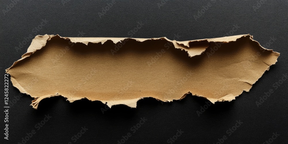 Leinwandbilder Ripped beige cardboard fragment with jagged edges positioned at the center against a smooth black background creating a stark contrast.