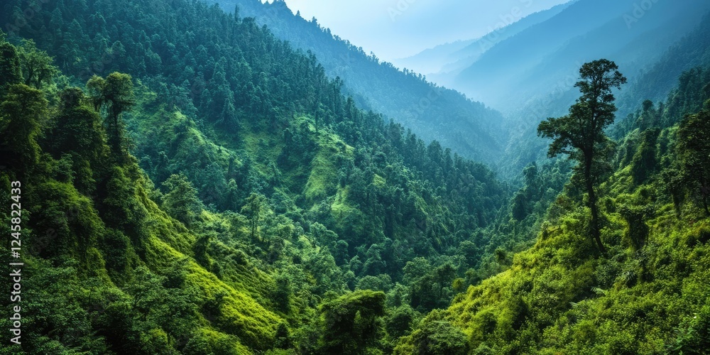 Poster lush green valley surrounded by mountains under soft blue sky with sunlight filtering through trees 