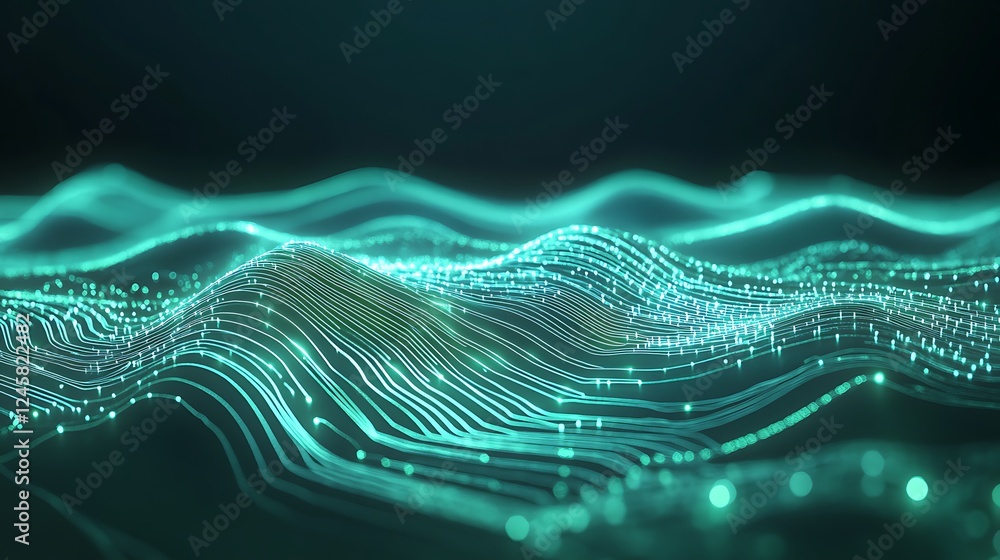 Poster a smooth and abstract 2d design of futuristic circuitry, with luminous lines in shades of green and 
