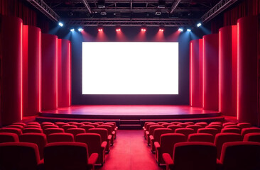 Fototapeta premium Cinema auditorium with red seats and blank white screen.