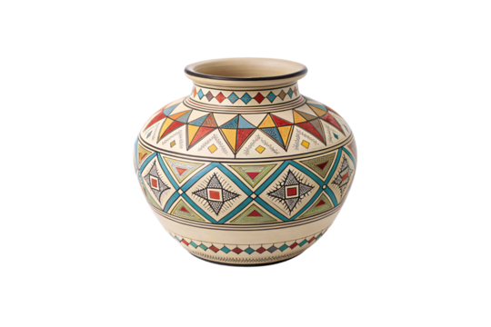 A colorful ceramic vase with intricate geometric patterns, vibrant triangles, and diamond-shaped designs, representing traditional artistry and cultural heritage, isolated on a transparent background
