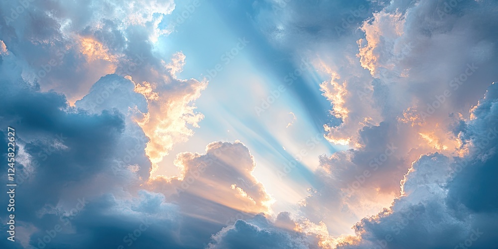 Leinwandbilder dramatic cloudscape featuring soft blue tones and golden rays illuminating from behind clouds, creat
