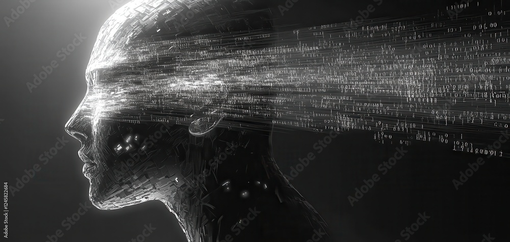 Poster futuristic human head silhouette with data streams and abstract binary code emphasizing technology, 