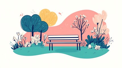 Serene Spring Park Scene with Empty Bench Surrounded by Blossoming Trees and Flowers