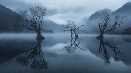 A foggy lake with gnarled trees rising from the water, set against misty mountains under a moody sky, capturing the beauty of nature in solitude.