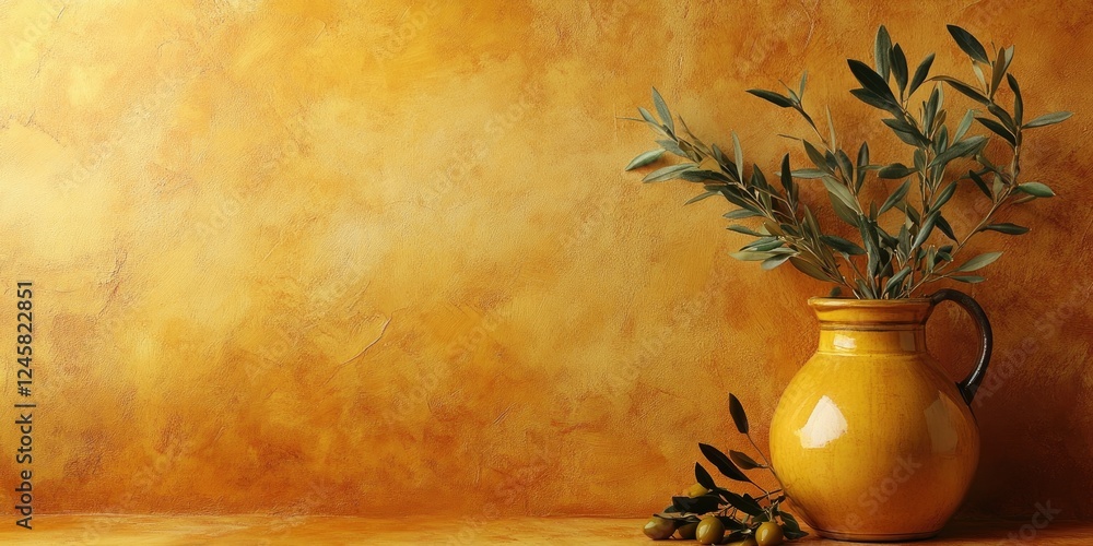 Poster vibrant yellow backdrop with textured surface featuring a rustic yellow jug filled with green olive 