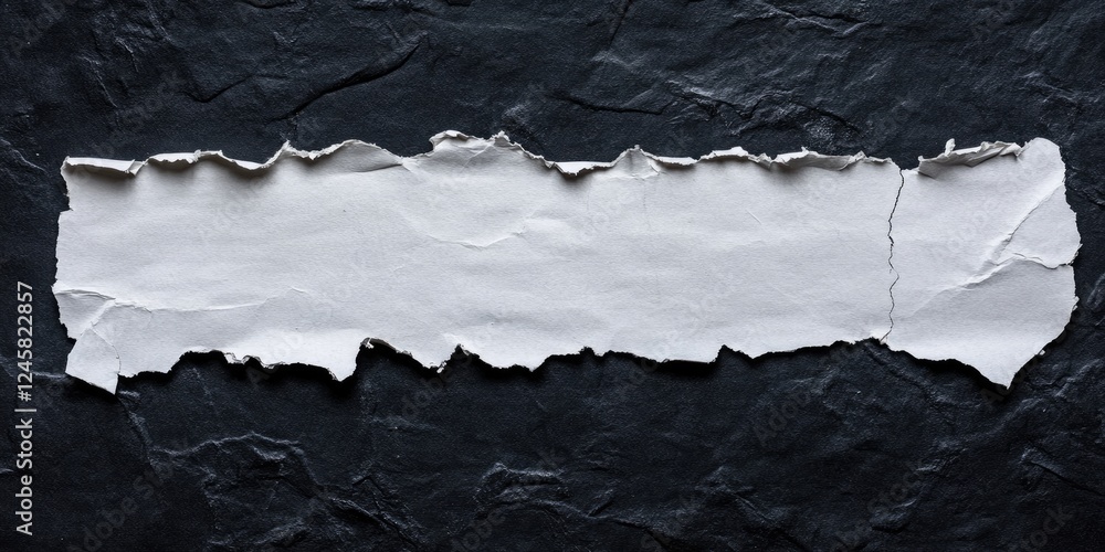 Poster torn white paper strip on a dark textured slate background with irregular edges and subtle shadows c