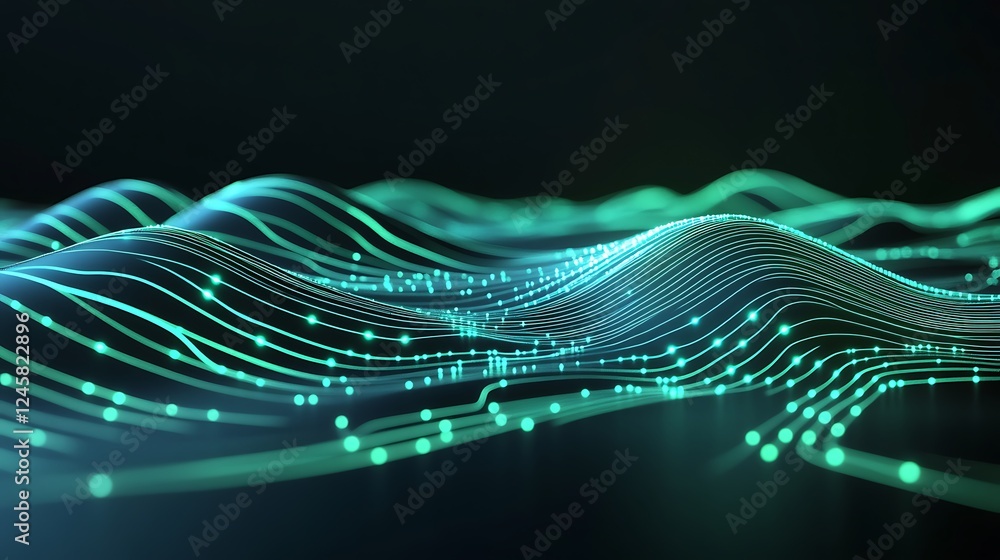 Poster a smooth and abstract 2d design of futuristic circuitry, with luminous lines in shades of green and 