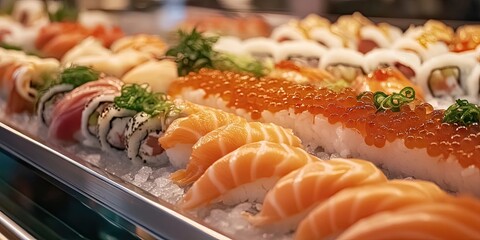Sushi platter display featuring vibrant salmon, ikura, and assorted rolls garnished with green onions on ice, with soft lighting highlighting textures.